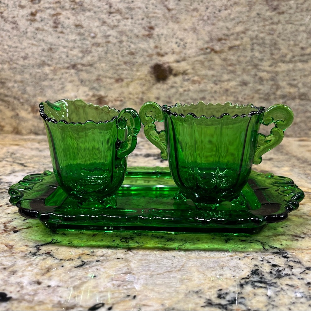 Cambridge Glass, Martha #250, Green, Creamer, Sugar & Tray - Depression Glass
